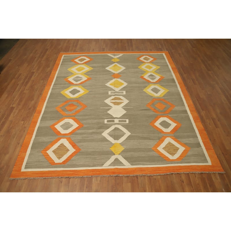 Hand Woven Oriental 100% Wool Carpet Southwestern Tribal Greys & Charcoal Kilim Area Rug - 9' 6'' X 8' 0''