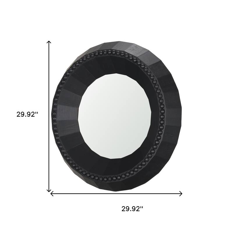 HomeRoots 30" Black Solid Wood Faceted And Beaded Round Framed Accent Mirror - 29.92 in. x 29.92 in. x 3.86 in.