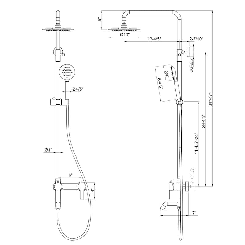 47"H 3-Function 304 Stainless Steel Wall-Mounted Outdoor Shower System