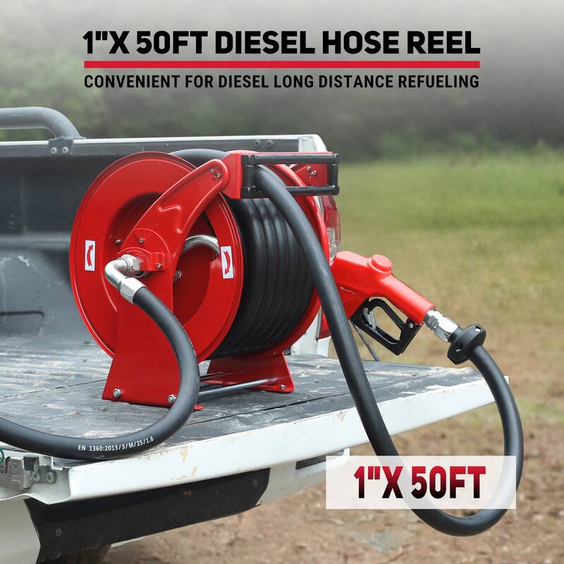 1“ x 50ft Diesel Fuel Hose Reel Retractable with Fuel Nozzle, 1 Inch Fuel Transfer Pump Hose, Auto Swivel Rewind