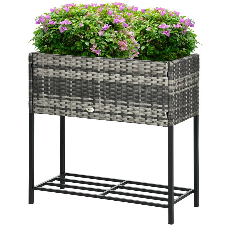 Modern Minimalist Rattan Wicker Garden Bed with Tool Storage Shelf, for Herbs Veqetables Flowers, Black - 8' x 10'