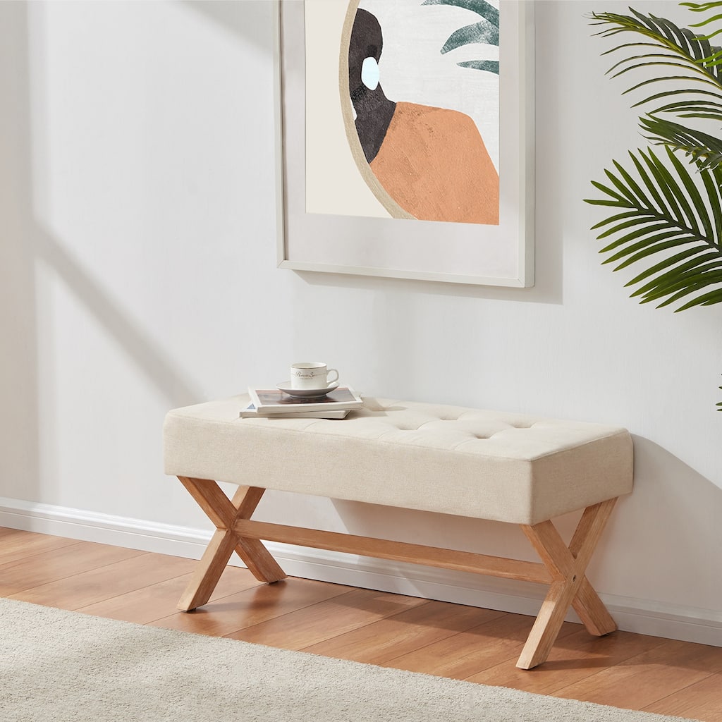 35 in Entryway Bench Upholstered Living Room Bench Seat with X-Shaped Legs