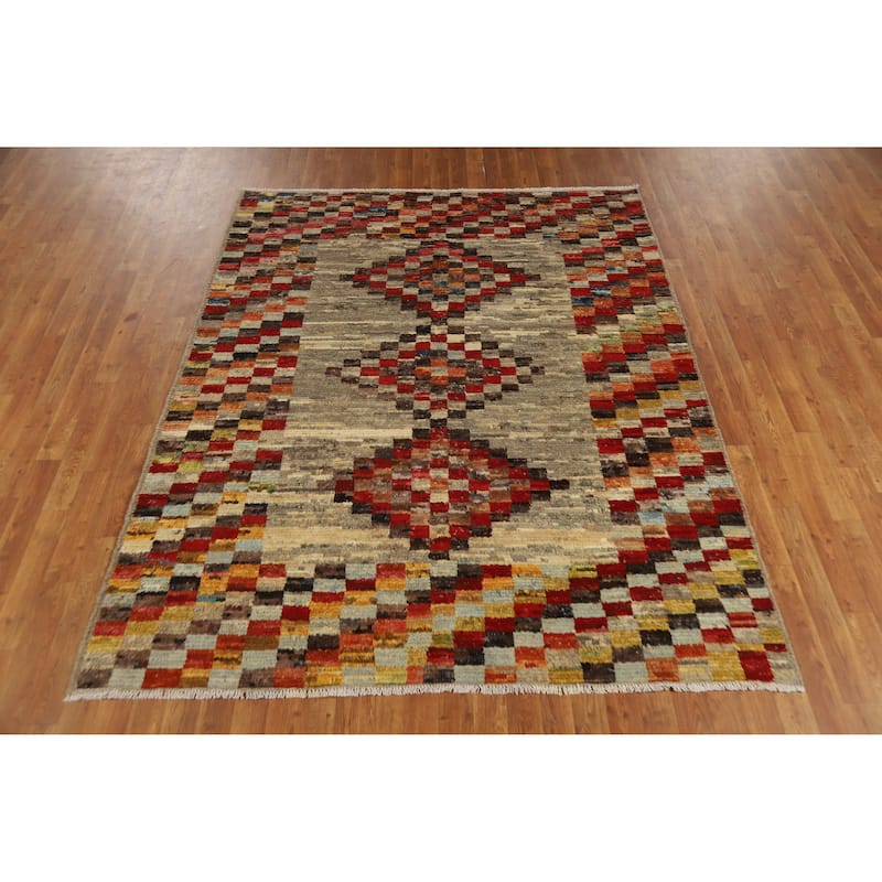 Checkered Moroccan Oriental Area Rug Hand-Knotted Wool Carpet - 5'11" x 7'8"
