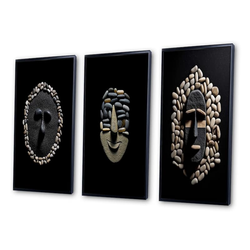 Designart "Black And White African Tribal Mask IV" African Framed Wall Art Set Of 3 Frame Gallery Set For Office Decor