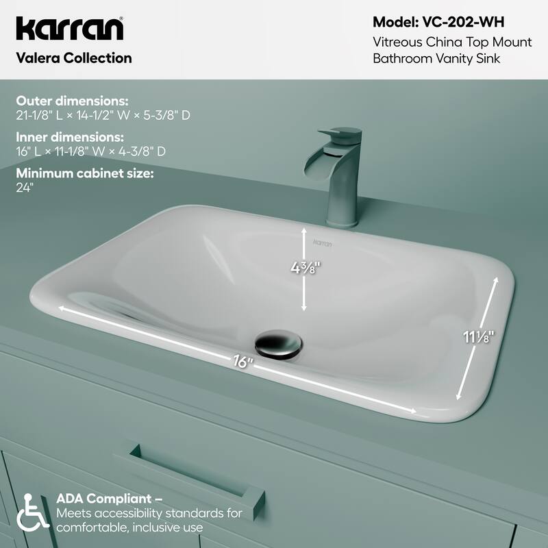 Karran Valera 21" Top Mount Vitreous China Bathroom Sink in White
