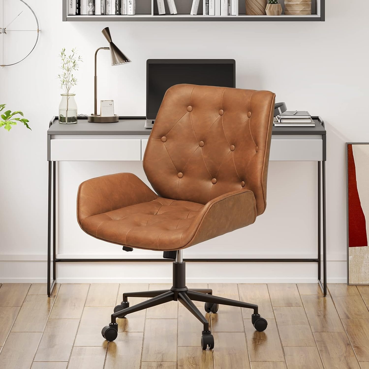 Brown leather armless office chair online