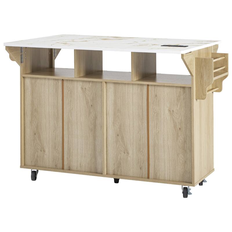55.5" Fluted Kitchen Island with 2 Drop Leaf and Power Outlet