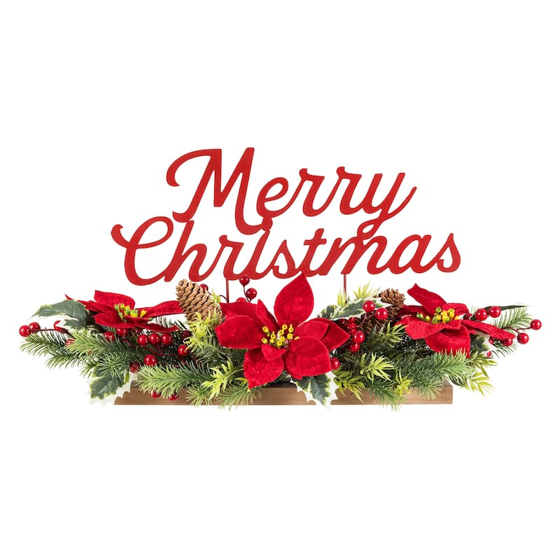 Glitzhome Christmas Red Sleigh Frosted Boot Floral Metal Potted Tree Table Decor