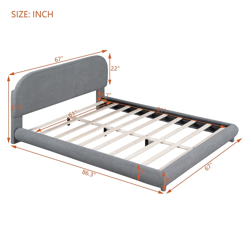 Teddy Fleece Queen Size Upholstered Platform Bed with Thick Fabric, Solid Frame and Stylish Curve-shaped Design, Gray