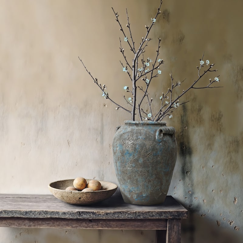 Antiqued Blue & Brown Terracotta Vase with Handles, Vintage Pottery