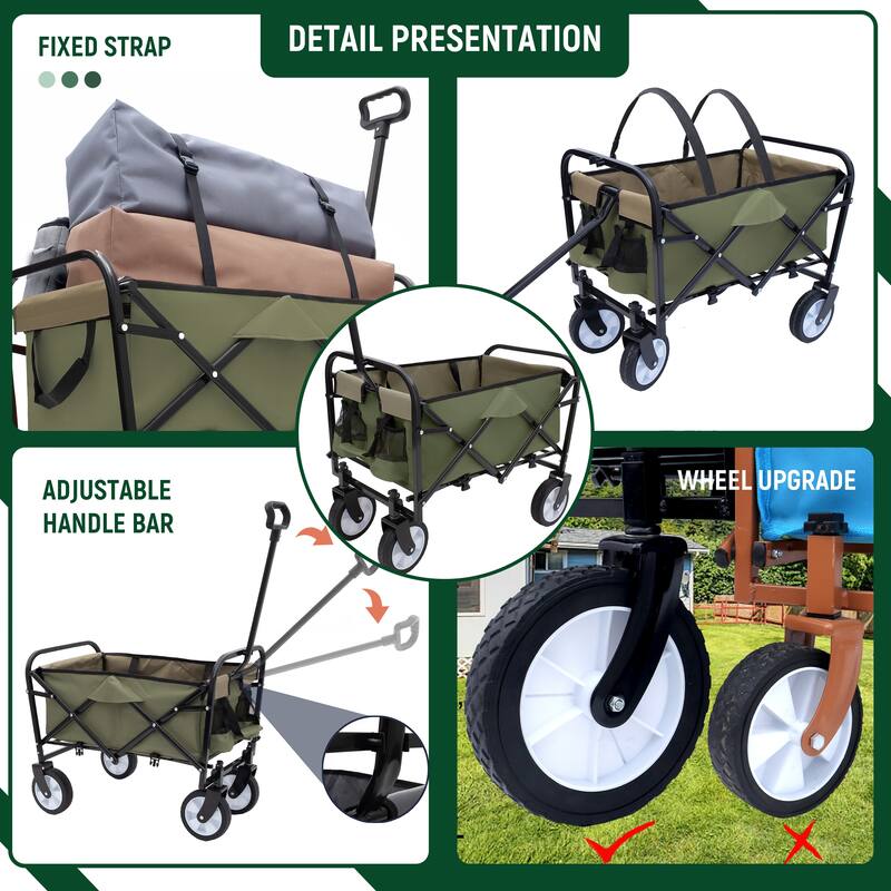 Minimeetall Strap Collapsible Foldable Wagon Cart with strapping system, Utility Wagon Grocery Cart, Supports 225lbs