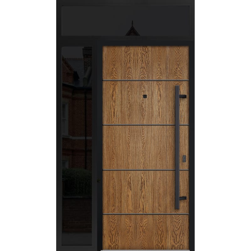 Exterior Prehung Steel Entry Door 0131 Black Enamel 2 Sidelites Top Window Stainless Steel Inserts W16+36+16xH80+16 - Beige - 48" x 96"