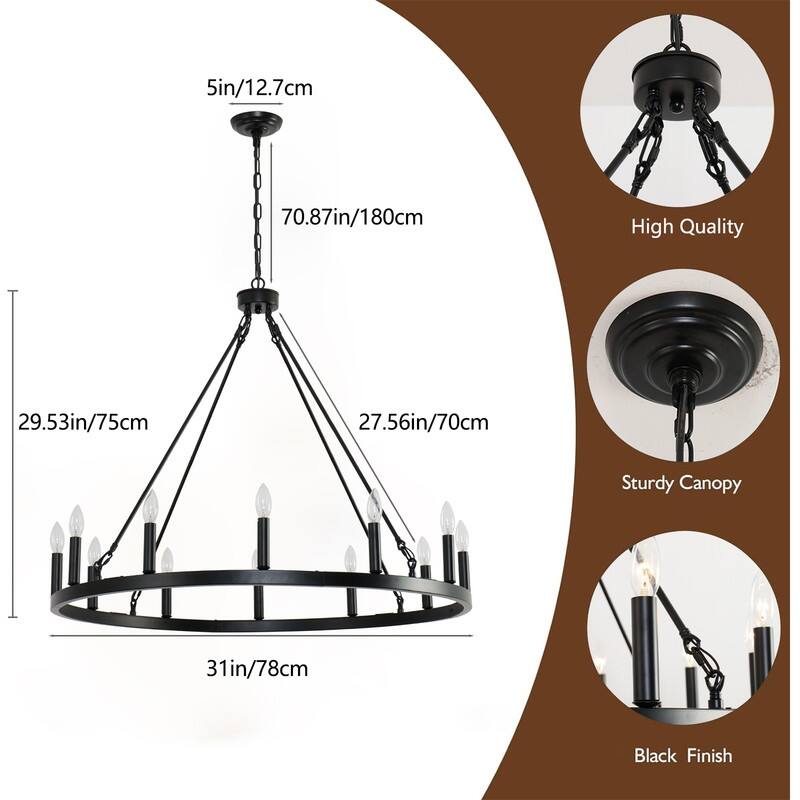 Wagon Wheel Chandelier 31in 12 Light Dining Room Farmhouse Chandelier - 38IN*29.6IN