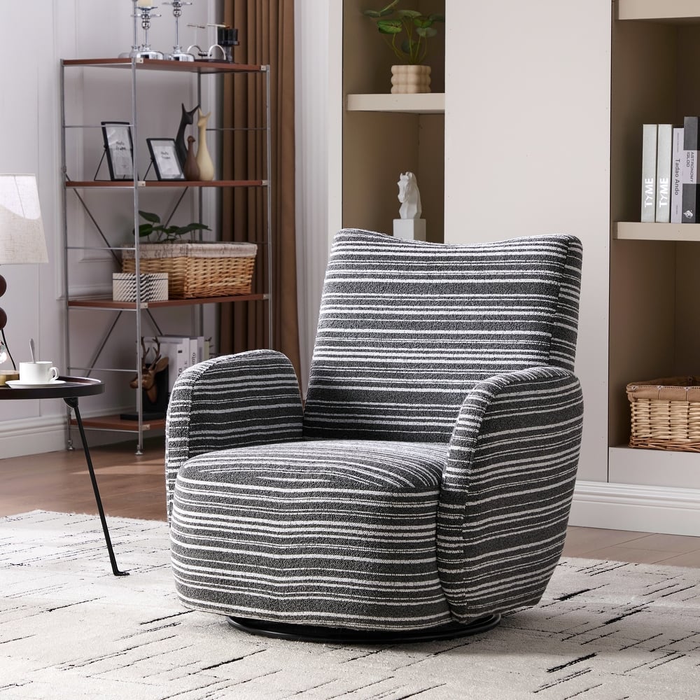 HOMEFUN Boucle Upholstered 360° Swivel Fabric Striped Armrest Leisure Chair for Living room and Bedroom