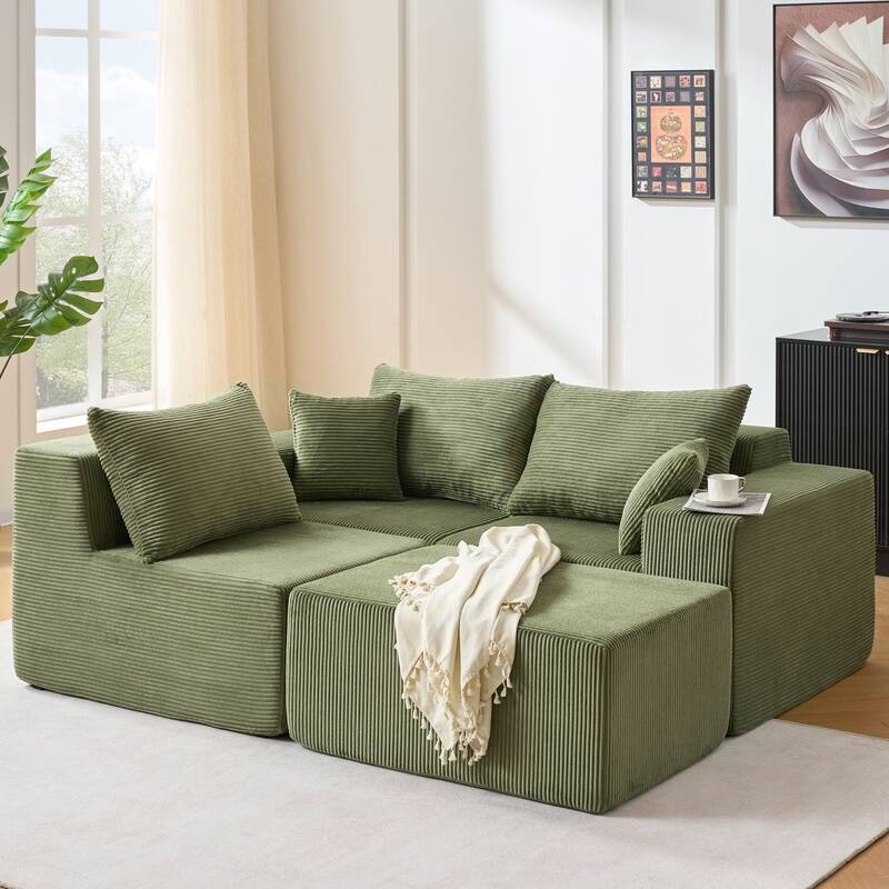 Flexible Layout 4 Piece Modular Couch Convertible L-shaped Sectional Sofa with Ottoman Chaise Lounge and Corduroy Upholstery