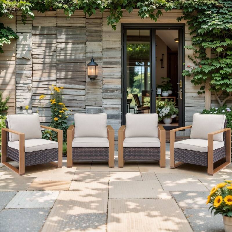 Pocassy Outdoor Patio Chairs Set for Garden Yards - 4 Pieces Patio Chairs - Brown Wicker Beige Cushion