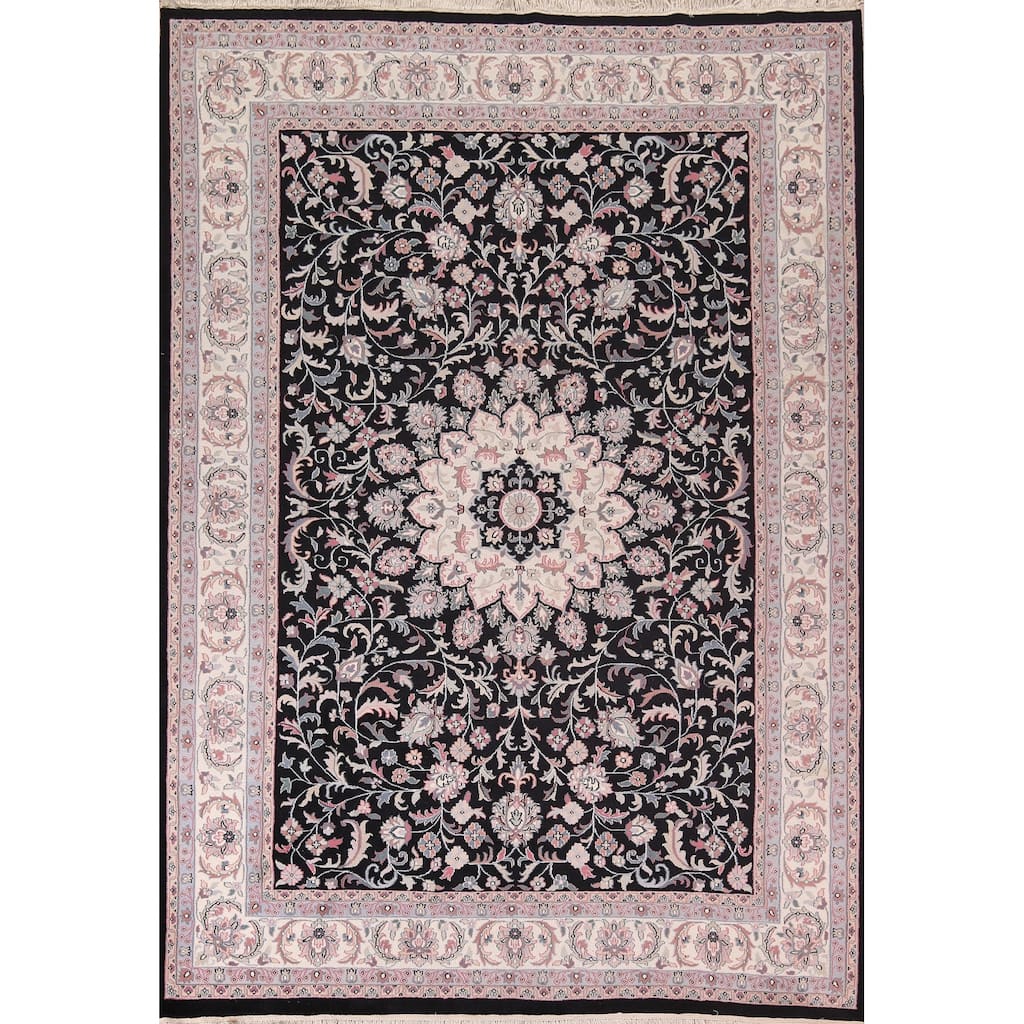 Black Floral Kashan Indian Area Rug Handmade Wool Carpet - 9'2"x 11'10"