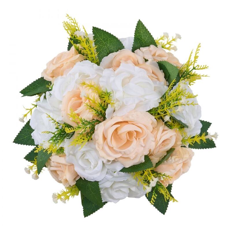 Champagne-White Silk Flower Balls Set of 10 with Plastic Base for Decor - 9.45 x 9.45 x 4.27 inch