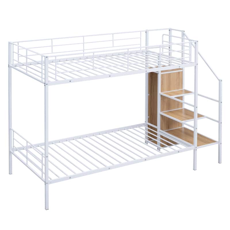 Space-Saving Twin Over Twin/Full Over Full Metal Bunk Bed with Lateral Ladder and Wardrobe