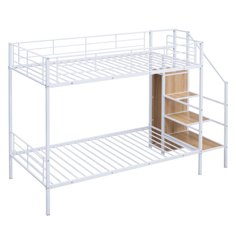 White Twin Over Twin Metal Bunk Bed with Lateral Storage Ladder and Wardrobe