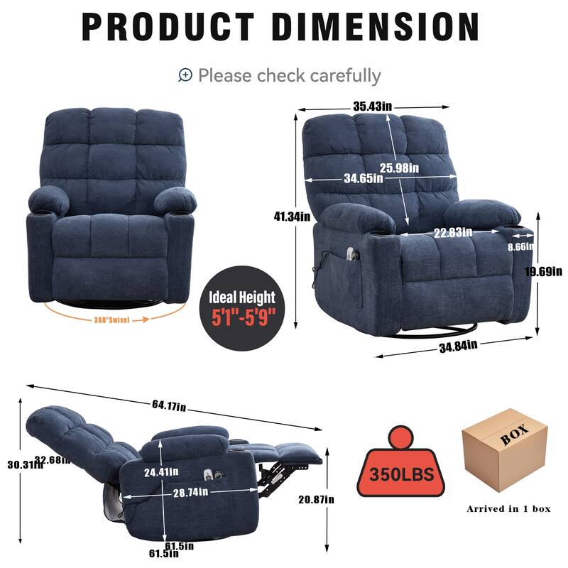 Swivel Recliner Chair with Heat & Massage, Oversized Fabric Manual Recliner Chair, Single Sofa with Cup Holders & Side Pocket