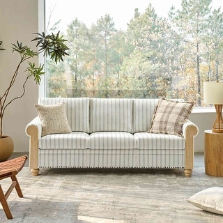 Zalma 81"W Farmhouse Nailhead Trimed Textured Striped Linen Sofa with Rolled Arms and Solid Wood Spindle Legs by HULALA HOME