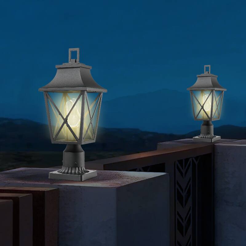 Modern Black Outdoor Post Light Fixture with Pier Mount Base, Outdoor Column Lamp Post Lantern with Glass