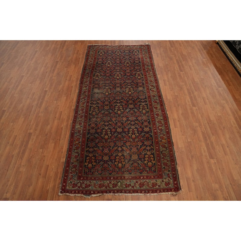 Hand Knotted Oriental 100% Wool Carpet Traditional Floral Navy Blue & Blues Malayer Area Rug - 11' 8'' X 5' 3''