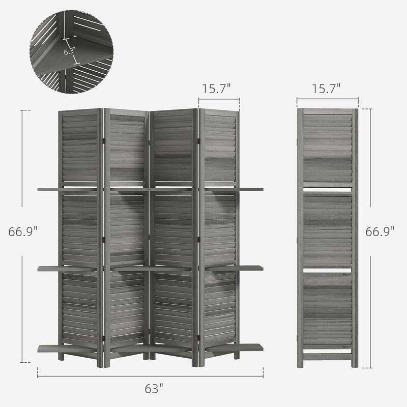 HOMCOM Blinds Style 4-Panel Wood Room Divider, 67'' Tall Folding Privacy Screen Panels Gray - 8' x 10'