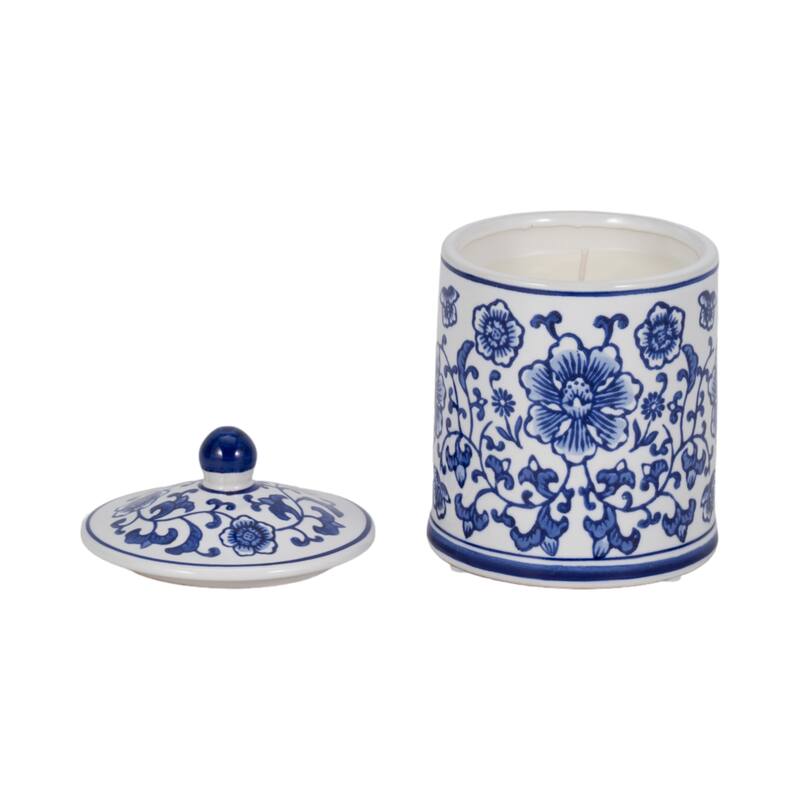 Sagebrook Home Ceramic Chinoiserie Scented Candle 6-Inch 8oz with Lid, Blue/White - 4" x 4" x 6"
