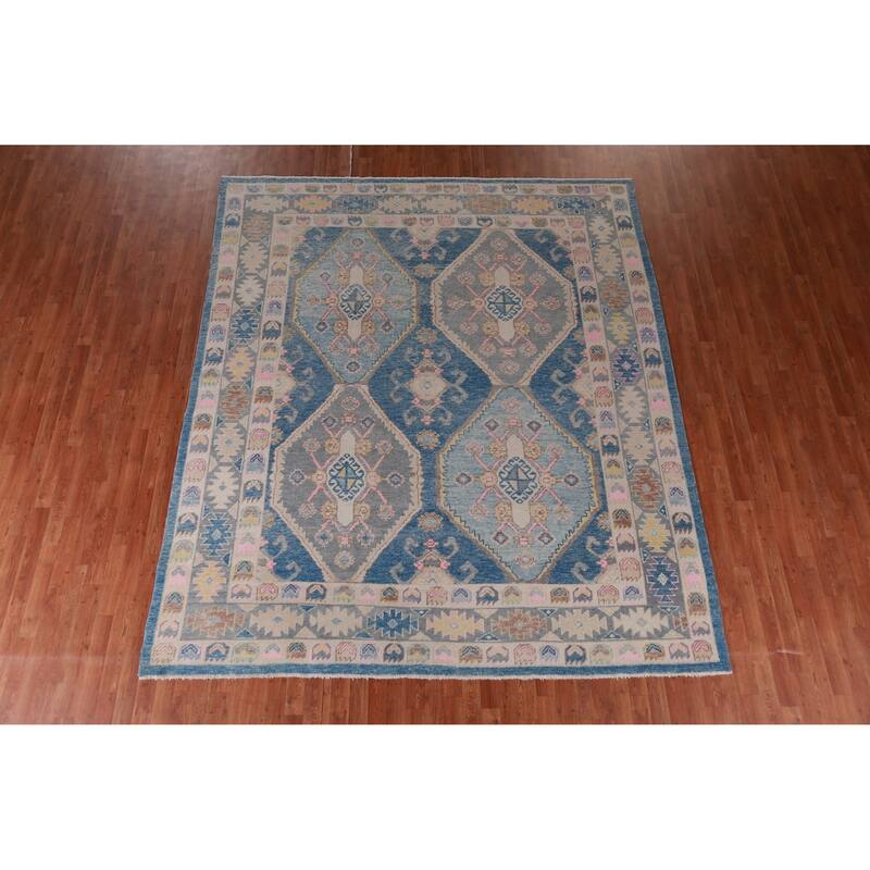 Hand Knotted Oriental 100% Wool Carpet Transitional Geometric Navy Blue & Blues Oushak Area Rug - 10' 4'' X 8' 10''