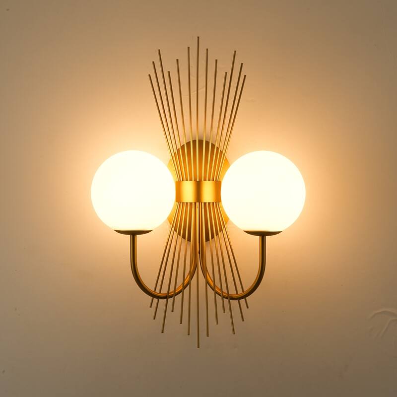 18.9" W 2-Light Mid-Century Modern Brushed Gold Sunburst Sputnik Wall Sconce with Milk Glass Globes