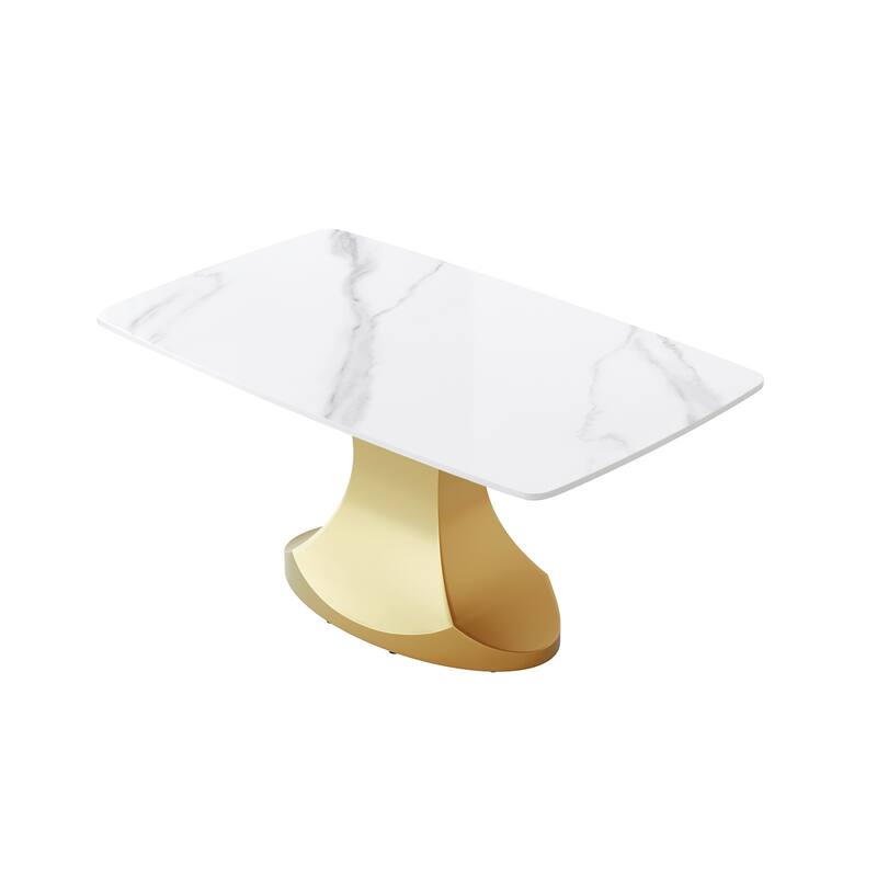 Dining Table for 6~8 Person, Faux Marble Kitchen Dining Table with Gold Pedestal.