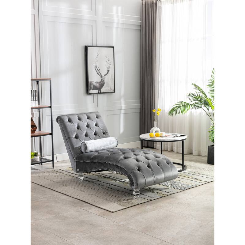 Leisure Concubine Sofa with Acrylic Feet, Traditional Chaise Velvet Barrel Sofa with Lumbar Support Pillow for Living Room - Silver