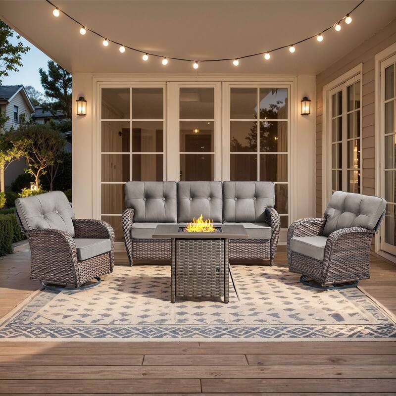 Pocassy Ooutdoor Fire Pit Table with Sofa Chair Set - Brown Wicker & Gray cushion