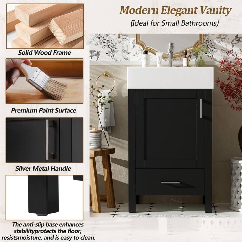 20'' Bathroom Vanity with Ceramic Sink Top, Freestanding Bathroom Vanity Cabinet with 1 Soft Close Door and 1 Storage Drawer