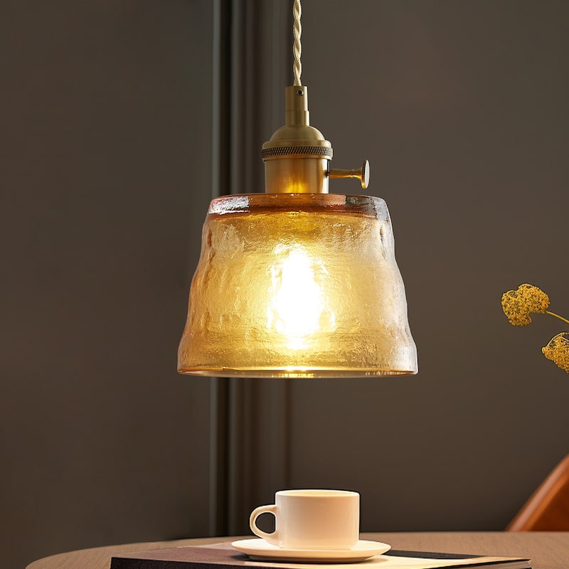 1-Light Vintage Pendant Light Amber Glass Pendant Light - Tan