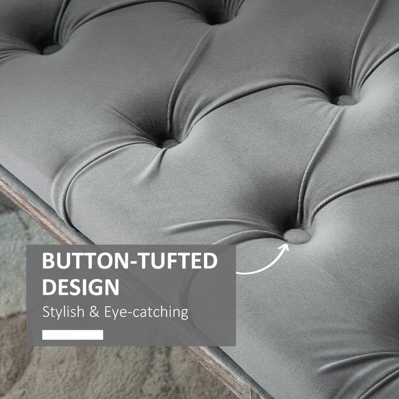 Grey Velvet Bench with Button-Tufted Cushion and Fluted Rubberwood Legs for Living Room - 56" W x 18.5" D x 20" H