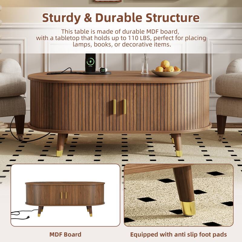 42.5" Wood Oval Coffee Table with Charging Station, Mid-Century Center Table with Sliding Tambour Door, Farmhouse Cocktail Table