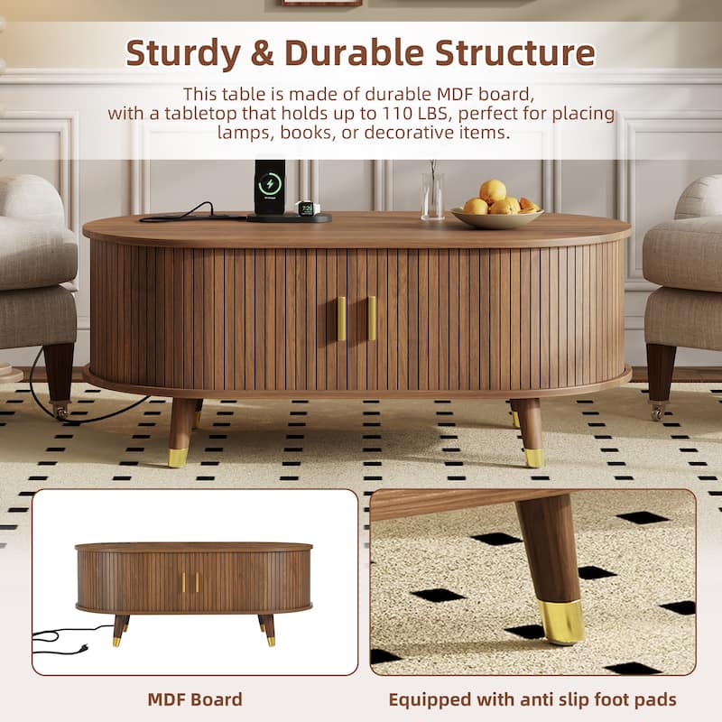 Mid-Century Modern Oval Coffee Table with Sliding Tambour Door, Charging Station and Solid Wood Legs, for Living Room