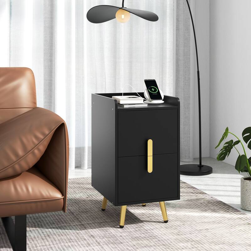Bedside Table with Storage Drawers and USB Charging Station