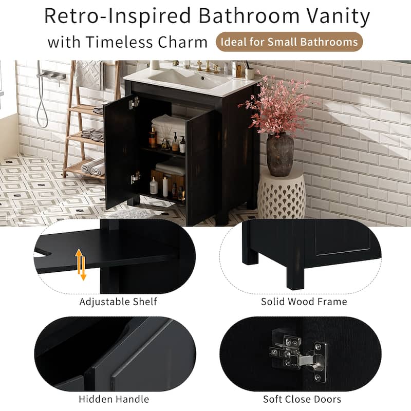 30" Rustic Bathroom Vanity with Ceramic Sink, Soft-Close Doors, Adjustable Shelf & Modern Wood Frame