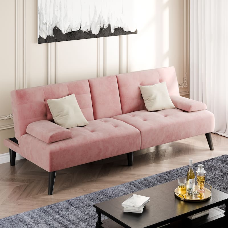3-in-1 Convertible Sofa Bed with Folding Cup Holders & Adjustable Backrest – Modern Futon with Removable Armrests - Pink