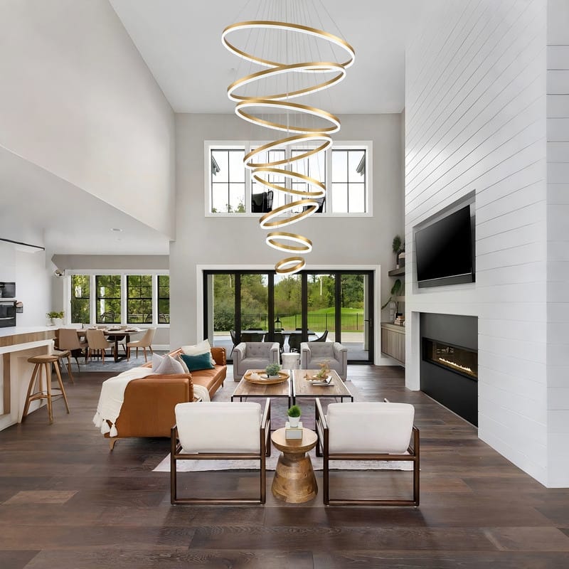 Modern LED Ring Chandelier - Remote Control Dimmable Pendant Lights for High Ceilings, Foyers & Living Rooms