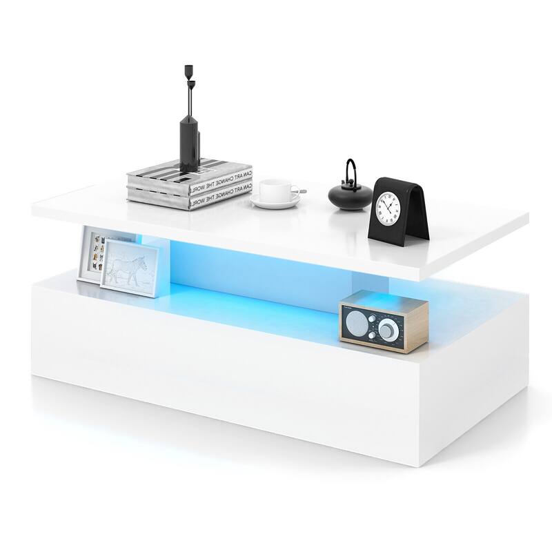 Gymax LED Coffee Table 2-Tier High Glossy with Adjustable Light & - White