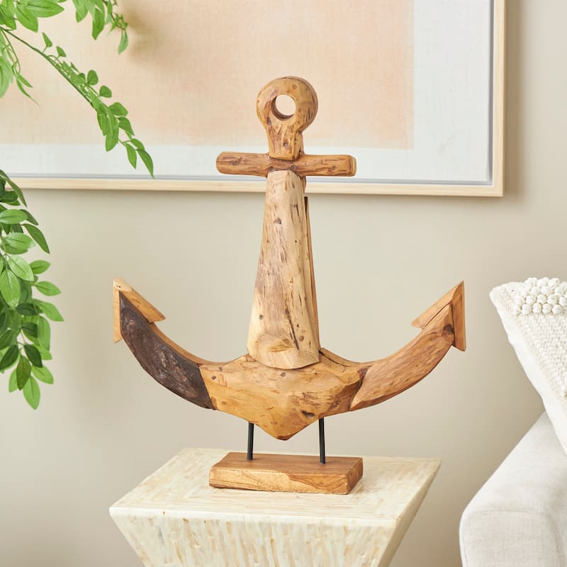 Teak Wood Anchor Handmade Sculpture with Mosaic Live Edge Pieces - Brown - Roche River Decor - 5"W x 21"L x 23"H