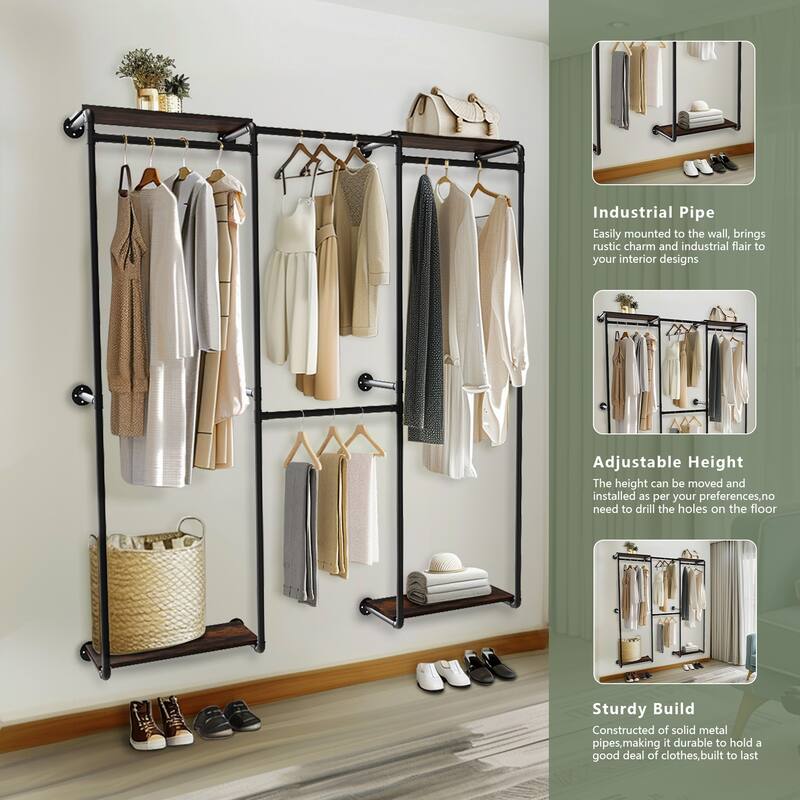 Industrial Pipe Clothes Rack Wall Hanging Clothing Garment Shelf