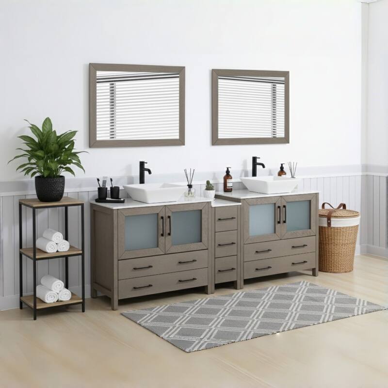 Vanity Art 84" Double Sink Bathroom Vanity Set with Engineered Marble Top and Free Mirrors