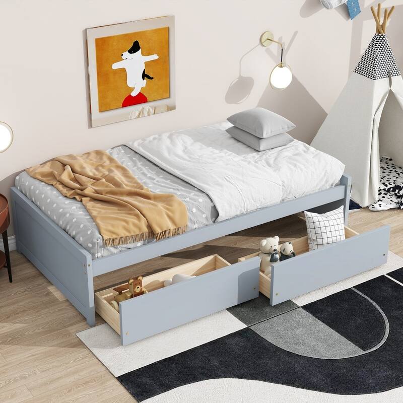 Twin Size Solid Rubber Wood Bed with 2 Drawers - Grey