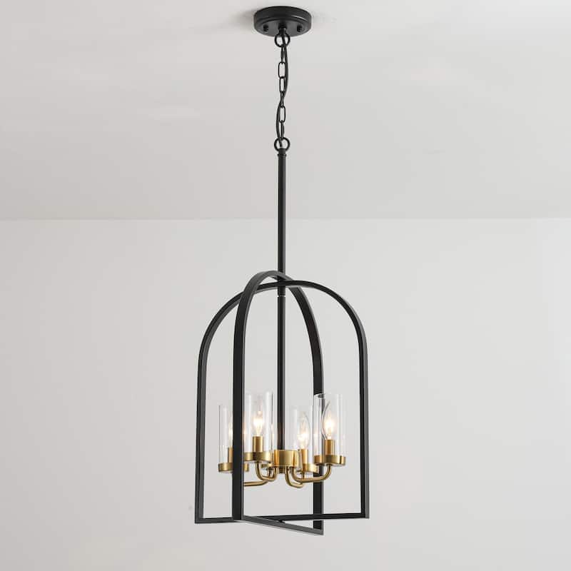 4-Light Farmhouse Industrial Matte Black Lattern Cage Chandelier with Clear Glass Tube for Use in Kitchen Island, Dining Room - Black/Clear/Gold - 15.7 in. W x 19.7 in. H x 15.7 in. D